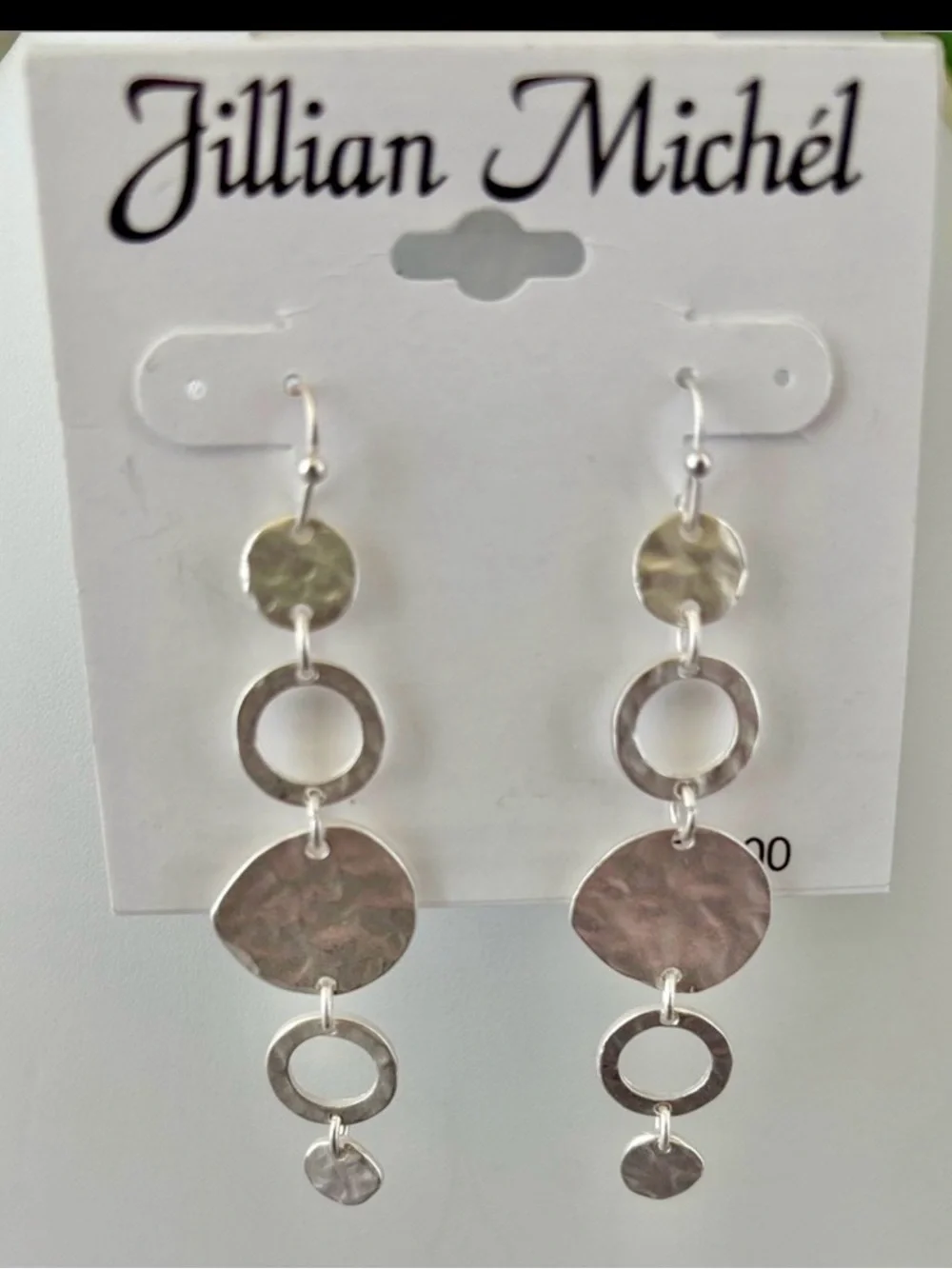 Jillian Michel hammered silvertone metal circular rings & discs,dangle,fishhook